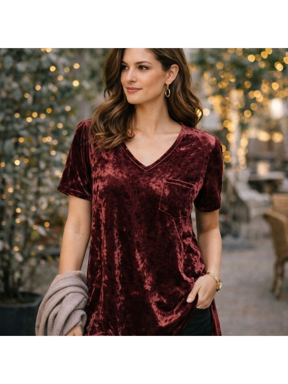 Spring + Mercer Burgundy Velvet Tunic Top | Soft Stretch V-Neck Lounge | M
